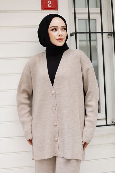 Tesettür Dünyası Beige Knitwear Cardigan Set - Stone Detailed Button Tsd 240932