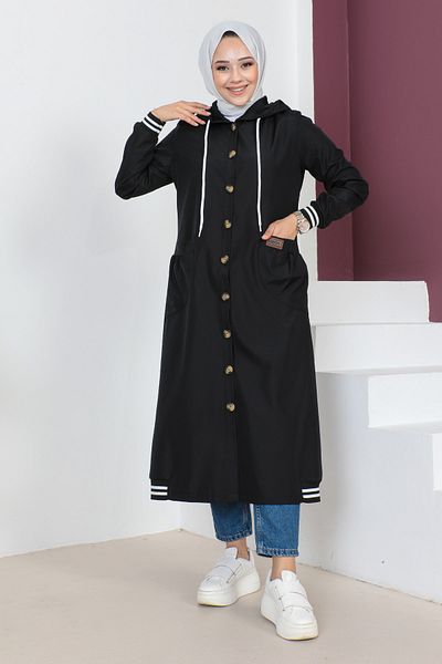 Tesettür Dünyası Ribbed Trench Coat TSD230638 Black