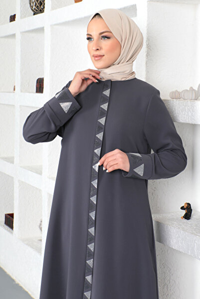 Tesettür Dünyası Antracitové trojúhelníkové flitry vyšívané hidžáb Ferace - Tsd 230331