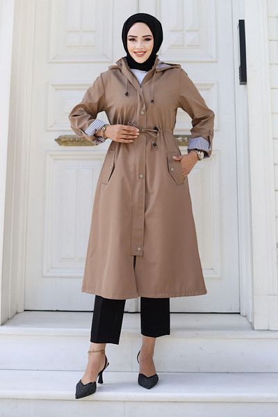 Tesettür Dünyası Καμπαρντίνα Mink Stripe - Μπροστινή επένδυση με κουμπωτά, TSD 240926