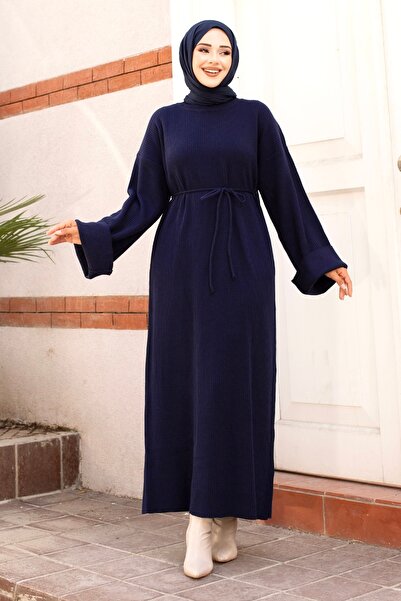 Tesettür Dünyası Μακρύ φόρεμα με κορδόνι στη μέση και χαμηλά μανίκια TSD240708 Navy Blue