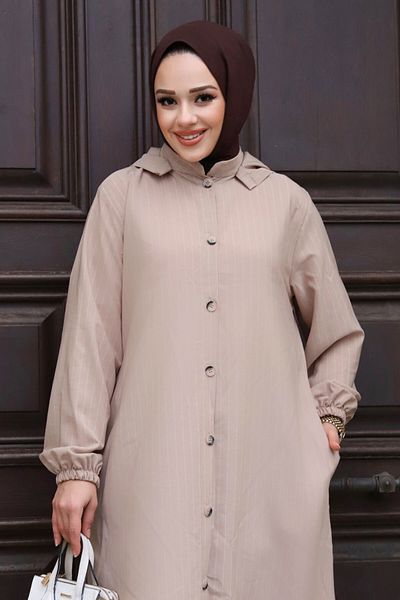 Tesettür Dünyası Plus Size Removable Hooded Buttoned Ferace TSD240219 Beige
