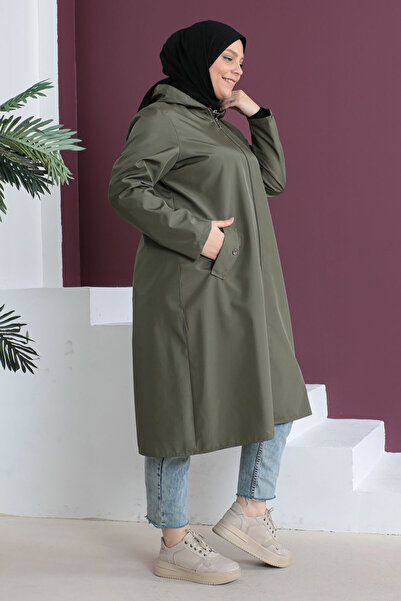 Tesettür Dünyası Velký trenčkot s kapucí Tsd230503 Khaki