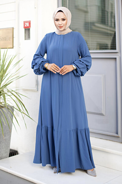 Tesettür Dünyası Indigo Hijab Ferace - Double Balloon Sleeve and Flounce Skirt Tsd 240247
