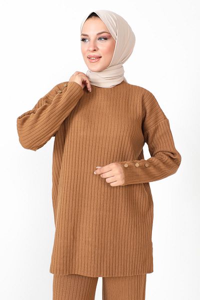 Tesettür Dünyası Gombos ujjú kötöttáru öltöny TSD230801 barna