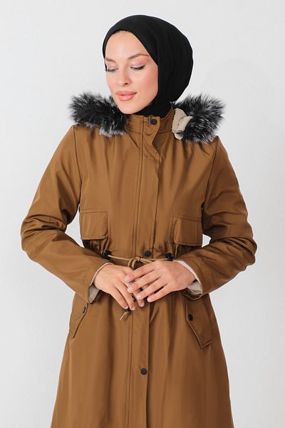 Tesettür Dünyası Waist Lace-up Coat TSD230817 Tan
