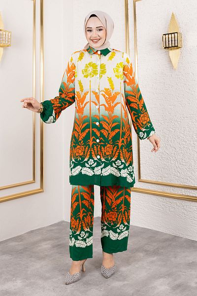 Tesettür Dünyası Green Viscose Suit - Colorful Floral Pattern Tsd 250111