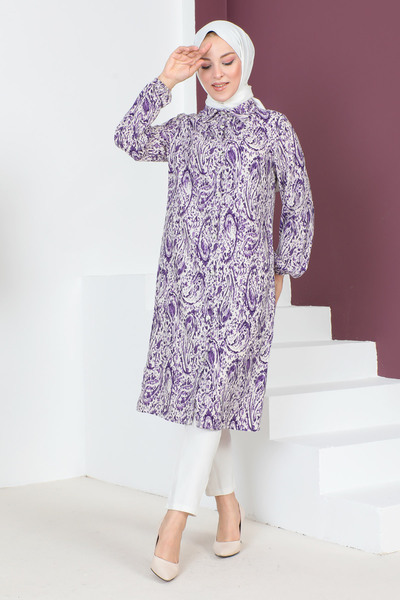 Tesettür Dünyası Vzorovaná dlouhá tunika TSD230706 fialová