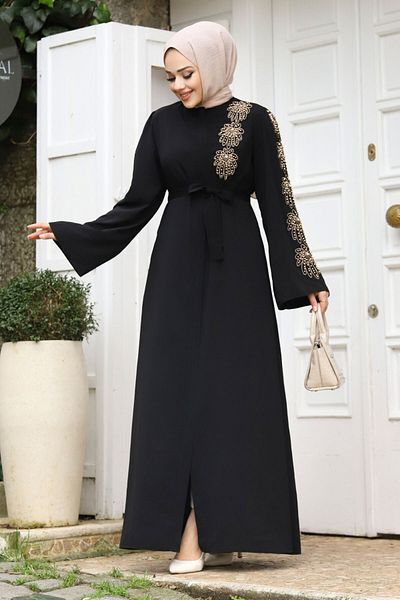 Tesettür Dünyası Rukojeť Bead Embroideed Belted Hijab Ferace TSD240203 Black