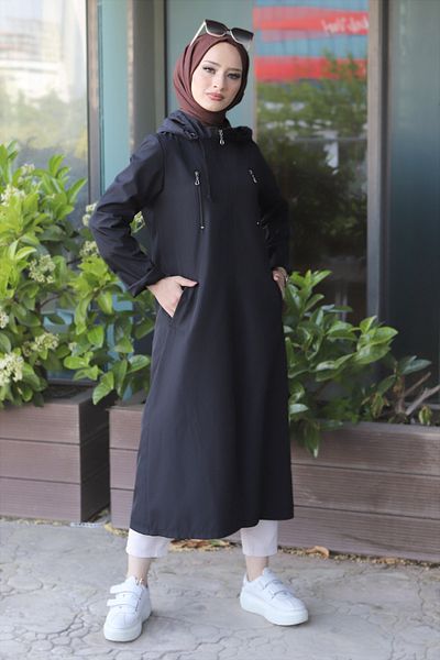 Tesettür Dünyası Hooded Trench Coat Tsd220539 Black