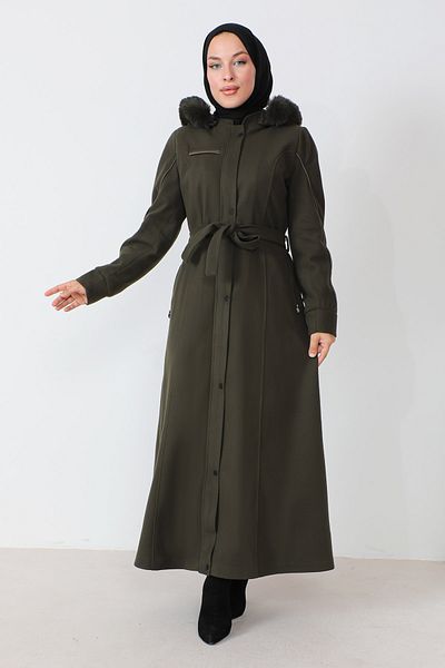 Tesettür Dünyası Leather Detailed Full Length Cashmere Coat TSD230811 Khaki