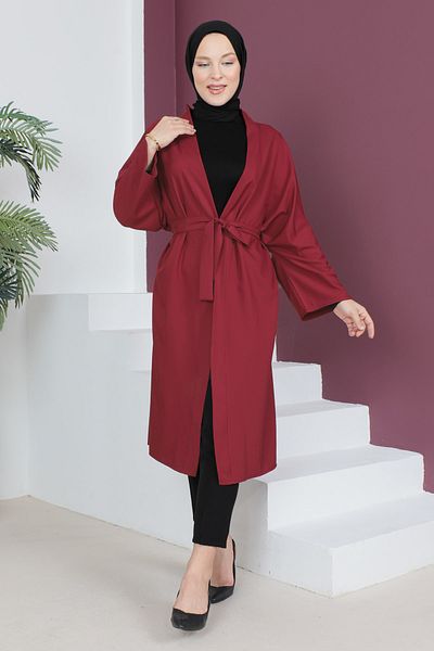 Tesettür Dünyası Κιμονό με ζώνη μέσης TSD230511 Claret Red