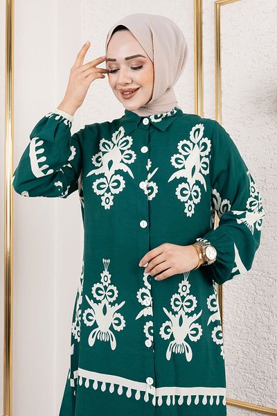 Tesettür Dünyası Green Ethnic Patterned Viscose Suit - Tsd 250113