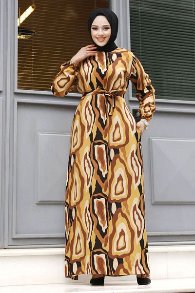 Tesettür Dünyası Φόρεμα Mustard Leopard Print and Belted - TSD 240235