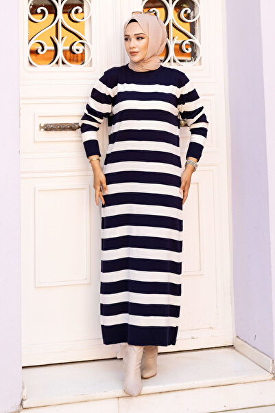 Tesettür Dünyası Csíkos kötöttáru hosszú ruha TSD240719 sötétkék