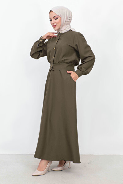 Tesettür Dünyası Φούστα με κουμπιά διπλή φόρμα TSD231113 Χακί