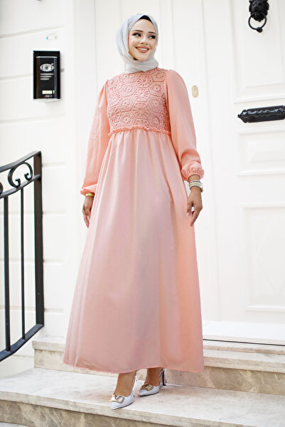 Tesettür Dünyası Front Lace Detailed Hijab Long Hijab Dress Tsd240519 Powder