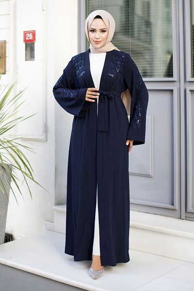 Tesettür Dünyası Navy Blue Embroidered Hijab Abaya - TSD 240723