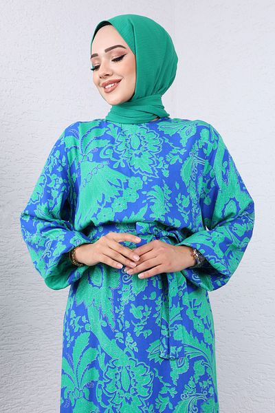 Tesettür Dünyası Blue Viscose Dress - Leaf Pattern, Tsd 240937