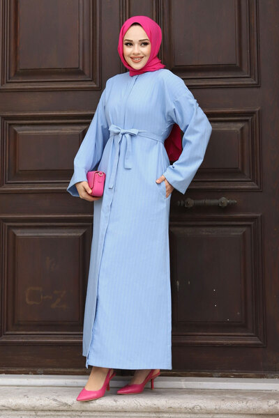 Tesettür Dünyası Κρυφό φερμουάρ με ριγέ Ζώνη Ferace TSD240202 Baby Blue