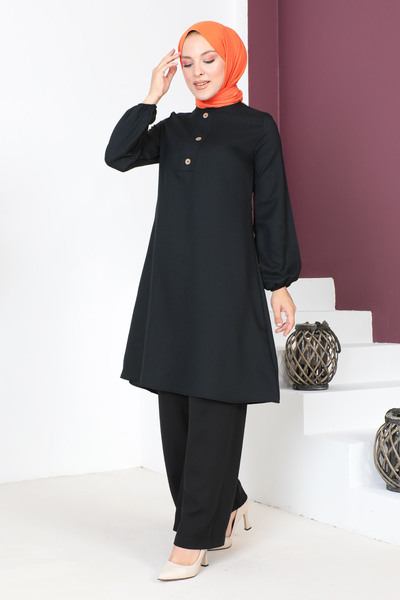 Tesettür Dünyası Dvojitý oblek s knoflíky TSD230701 černý