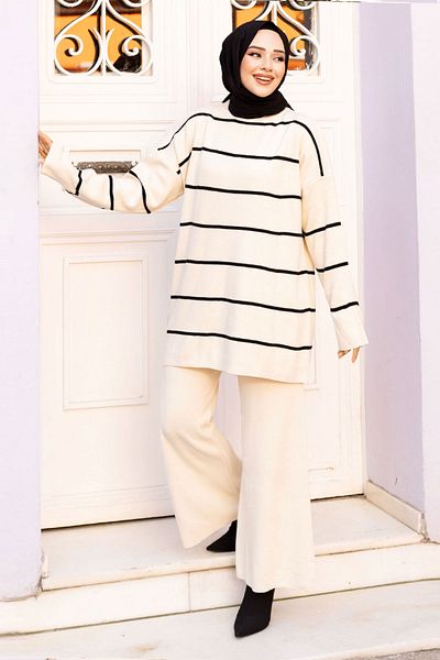 Tesettür Dünyası Stone Colored Striped Knitwear Set - Tsd 240721