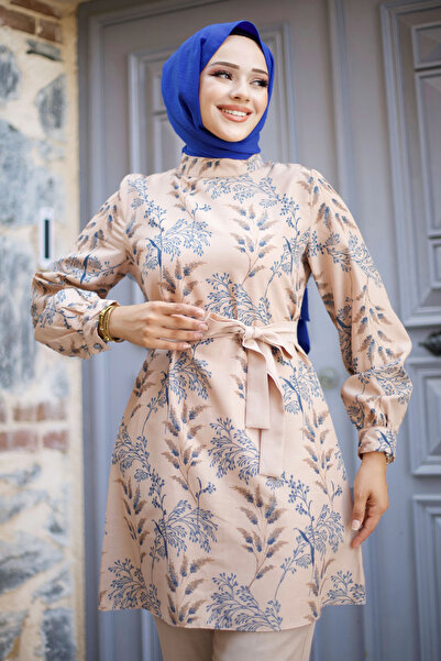 Tesettür Dünyası Modrý opasek s květinovým vzorem - TSD 240726