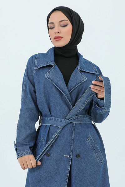 Tesettür Dünyası Τζιν Καπάκι με λεπτομέρεια επωμίδας στο μανίκι και ζώνη στη μέση TSD231215 Μπλε