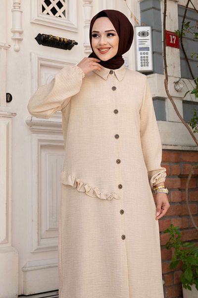 Tesettür Dünyası Geknöpfte Leinentunika mit Rüschendetail an der Seite TSD 240506   - Beige
