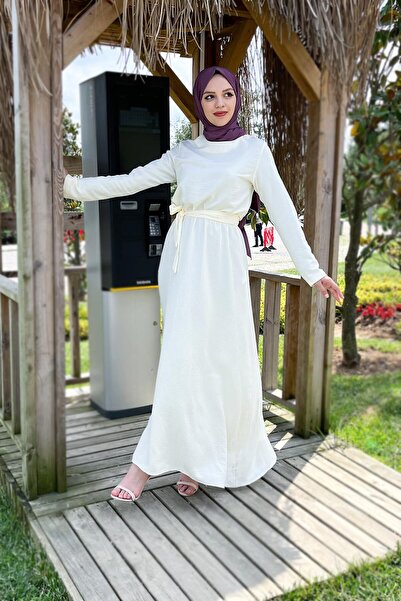 Tesettür Dünyası Ayrobin Uzun Tesettür Elbise Tsd220540 Bej