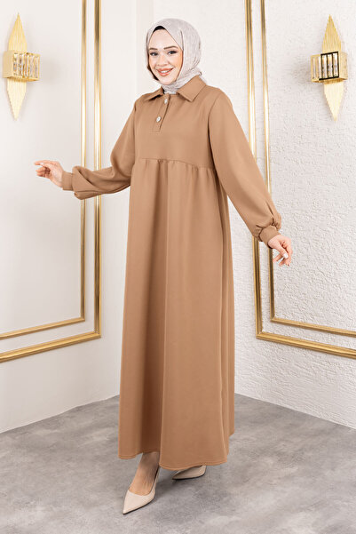 Tesettür Dünyası Scuba Long Hijab Dress Tsd250129 Camel