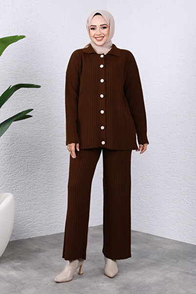 Tesettür Dünyası Σετ πλεκτό με κουμπιά μπροστά Tsd 240936   Πικρός καφές