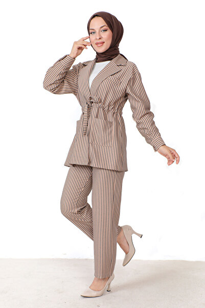 Tesettür Dünyası Striped Jacket Suit TSD230816 Tan