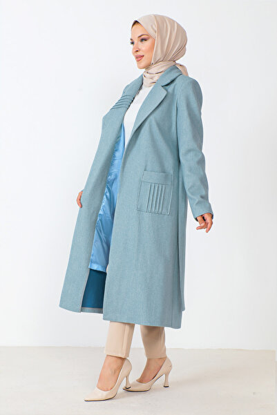 Tesettür Dünyası Palton Kaşen cu centură albastră TSD 230804