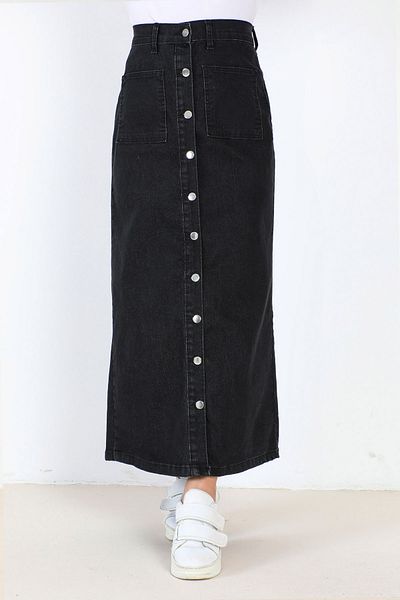 Tesettür Dünyası Front Buttoned Denim Skirt TSD231007 Anthracite