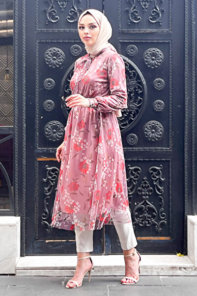 Tesettür Dünyası Virágmintás tüll tunika Tsd220809 Dusty Rose