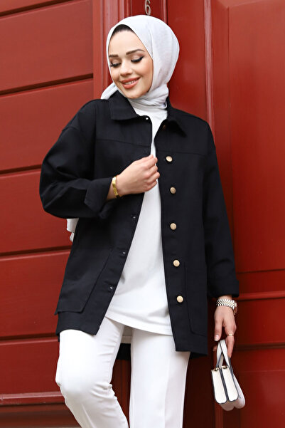 Tesettür Dünyası Pocketed Shirt Collar Denim Jacket TSD240223 Black