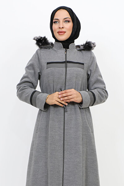 Tesettür Dünyası Leather Detailed Full-Length Zipper Coat TSD231116 Gray