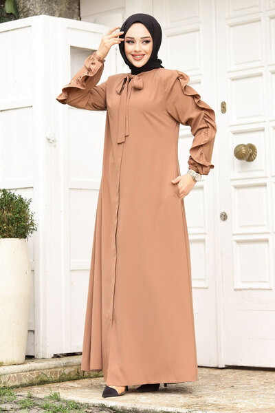 Tesettür Dünyası Ferace TSD with Ruffle Collar and Tie Detail240246 Camel