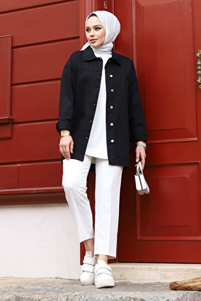 Tesettür Dünyası Pocketed Shirt Collar Denim Jacket TSD240223 Black