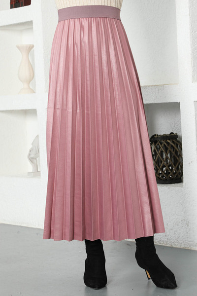 Tesettür Dünyası Dried Rose Leather Look Pleated Skirt - Tsd 221001