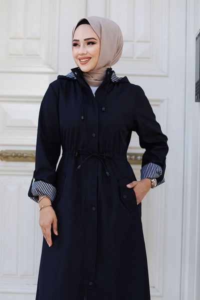 Tesettür Dünyası Navy Blue Striped Trench Coat - Front Snap Lining Tsd 240926