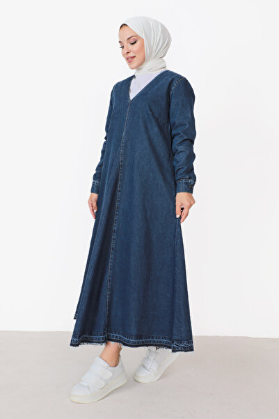 Tesettür Dünyası Μακρύ μονόχρωμο φόρεμα με λαιμόκοψη V TSD230908 Μπλε