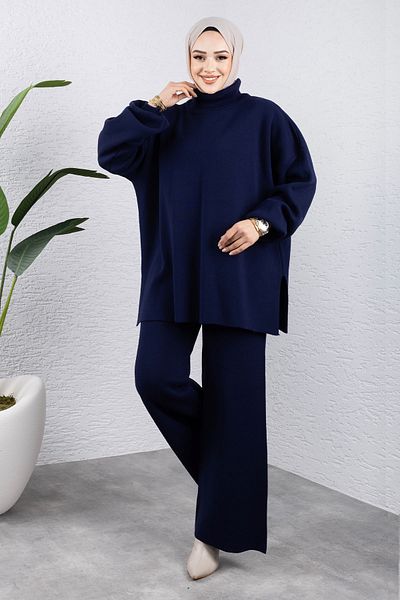 Tesettür Dünyası Navy Blue Balloon Sleeve Knitwear Set - Tsd 240952