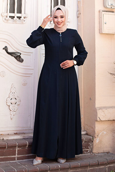 Tesettür Dünyası Námornícka modrá hidžáb Ferace - detailné lemovanie, dlhý zips TSD240603
