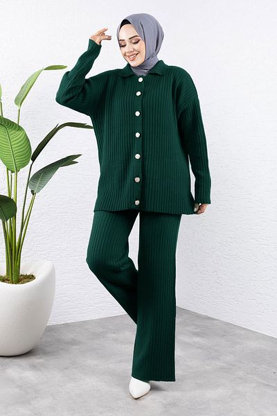 Tesettür Dünyası Front Button Knitwear Suit Tsd 240936   Emerald Green
