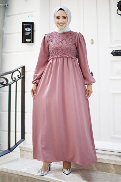 Tesettür Dünyası Front Lace Detailed Hijab Long Hijab Dress Tsd240519 Dusty Rose