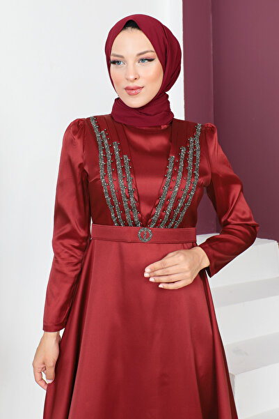 Tesettür Dünyası Večerní šaty s detailním páskem TSD230636 Claret Red