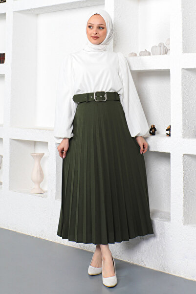 Tesettür Dünyası Belted Pleated Skirt Tsd230113 Khaki