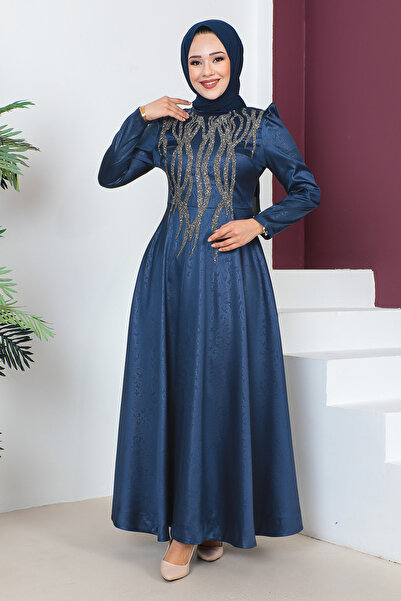 Tesettür Dünyası Estélyi ruha flitteres részletekkel az elején TSD230634 sötétkék